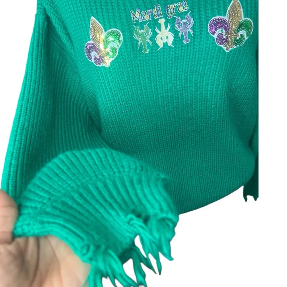 Green Mardi Gras Oversized Distressed Sweater, Size: Small